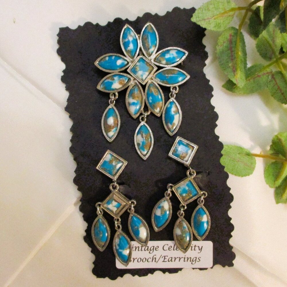 Vintage CELEBRITY Faux Turquoise Floral Brooch Pendant Earrings Set ~ DESIGNER